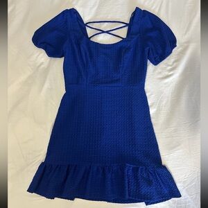 City Studio Blue Textured Mini Dress with Puff Sleeves and ruffle hem medium